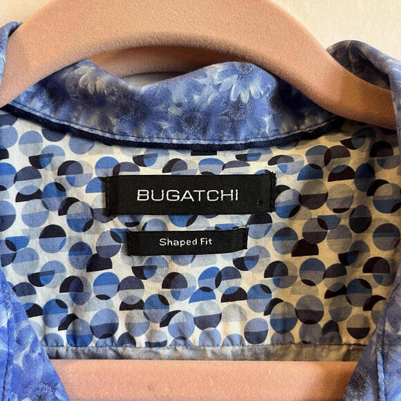 BUGATCHI Shaped Fit Button UP Short Sleeve Shirt Blue Floral Print Large - Picture 2 of 9